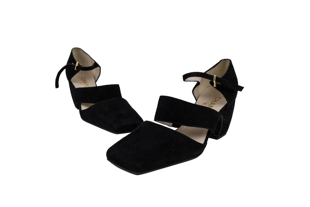Chanel Black Square-Toe Ankle-Strap Heels Suede Gold Hardware Size 40